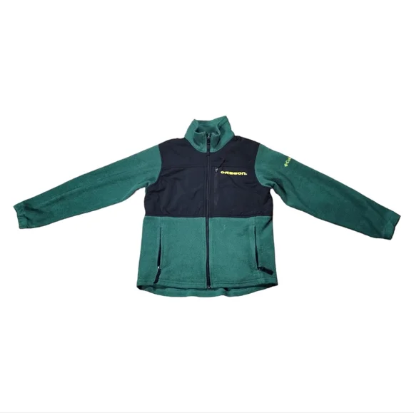 VTG Columbia 10/12 Youth 90s Oregon Ducks Football Fleece Jacket Green Full Zip - Picture 1 of 15